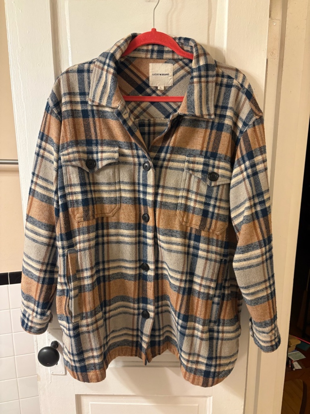 Lucky Brand Plaid Button-Up Shacket in Camel & Navy